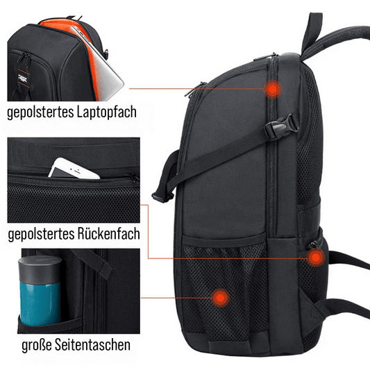 Kamera Rucksack mit Laptopfach, Rückentasche und Seitentaschen für Zubehör und Equipment