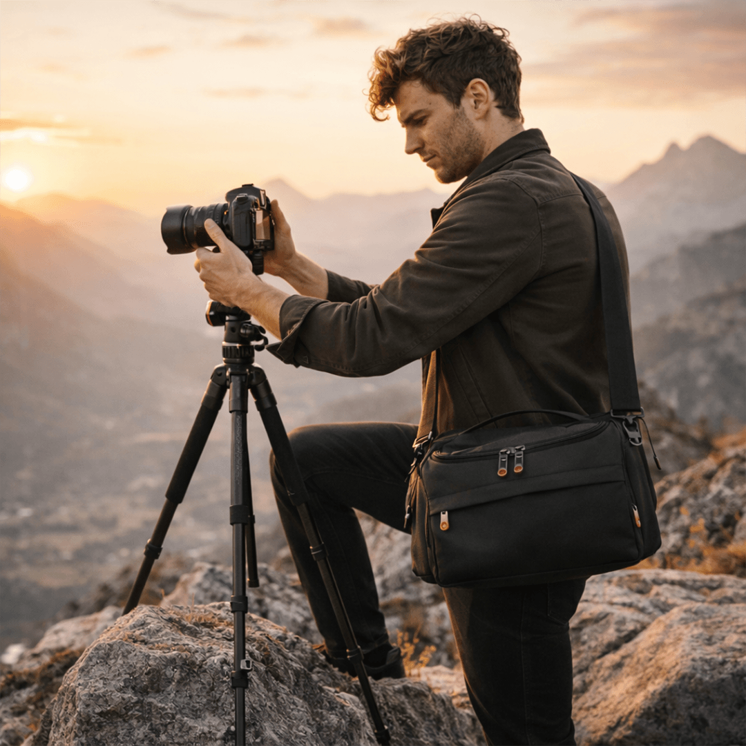 Mann nutzt kameratasche systemkamera beim Fotografieren in den Bergen