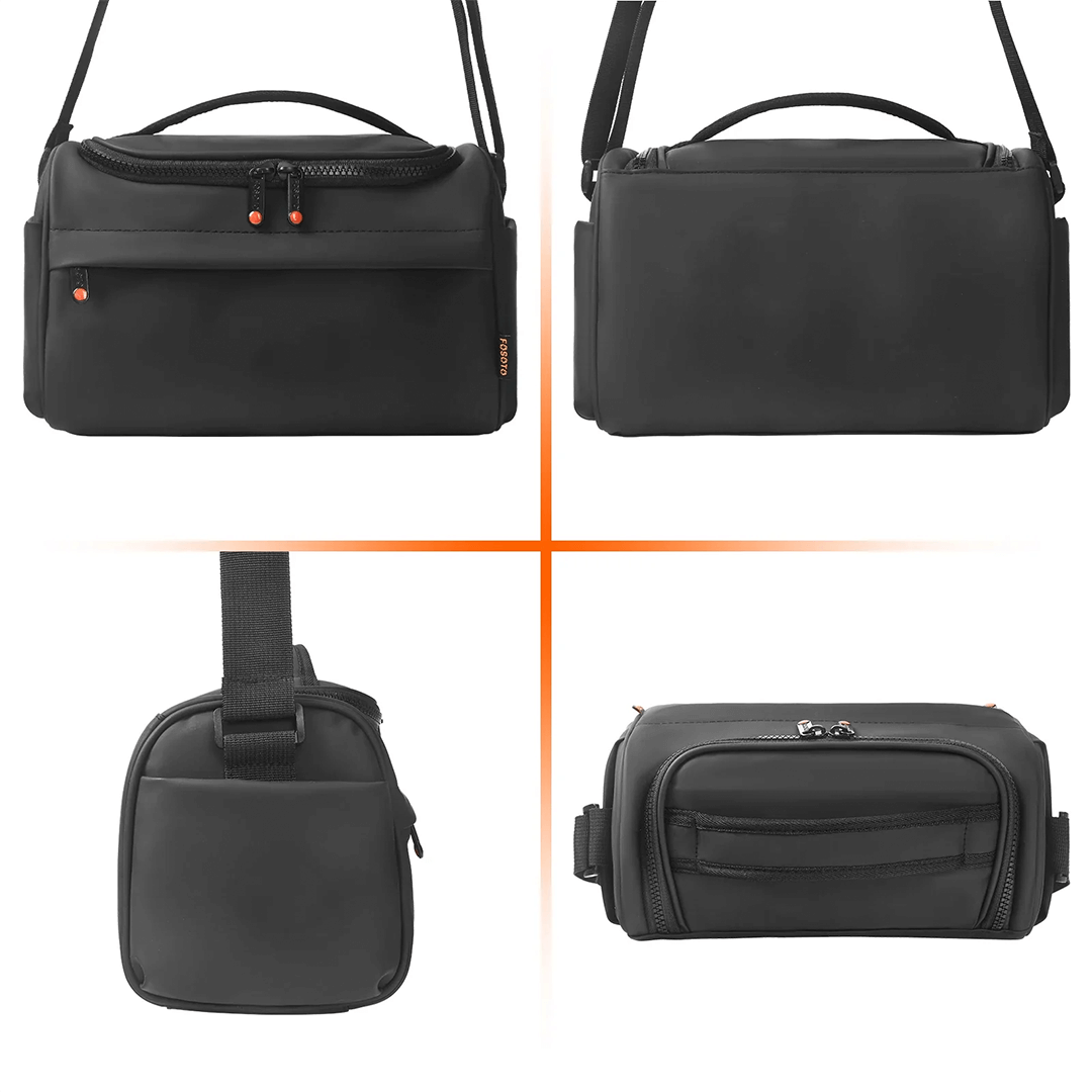 Kleine Kameratasche als Umhängetasche mit kompaktem Design aus verschiedenen Perspektiven