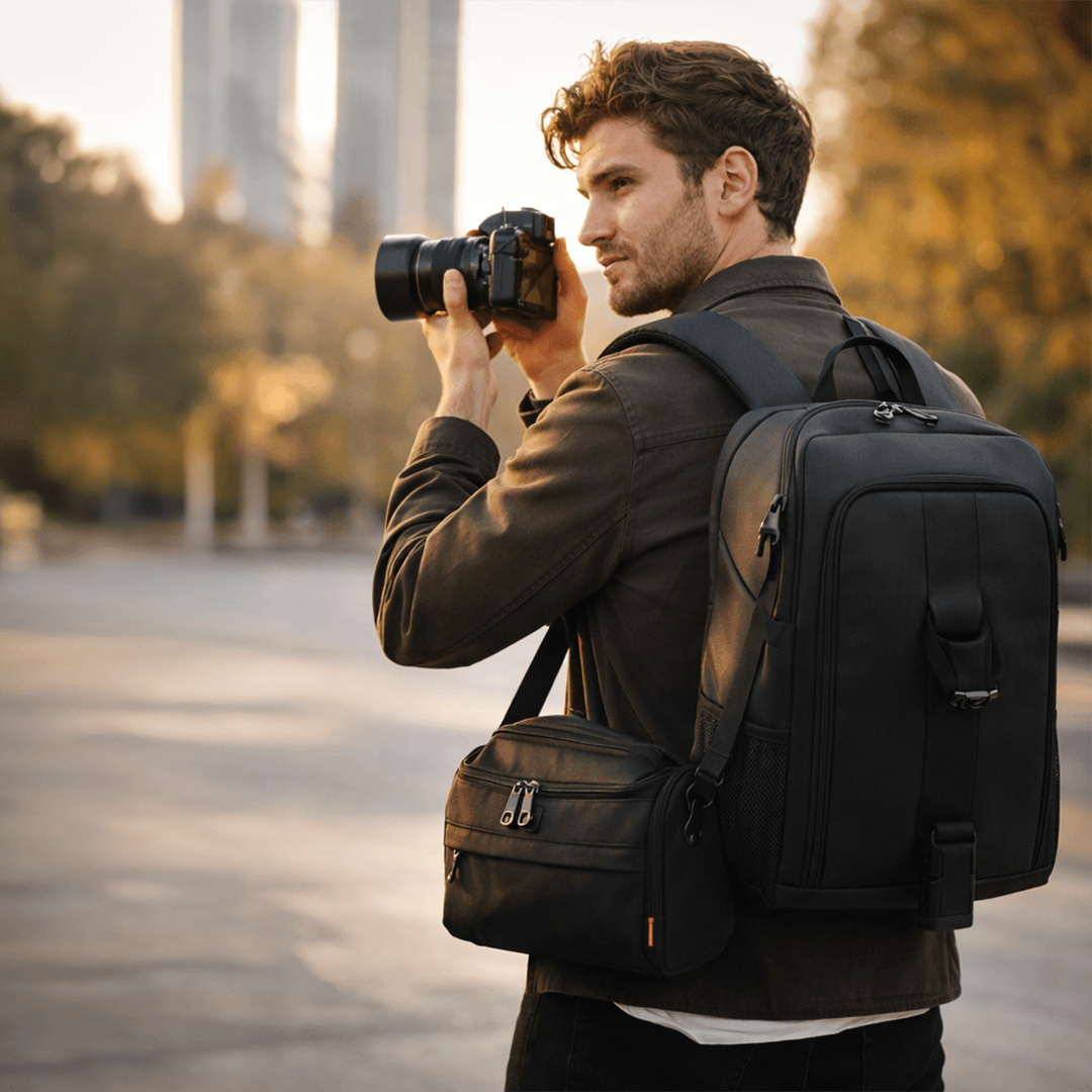 Mann mit kleiner Kameratasche Umhaengetasche beim Fotografieren unterwegs