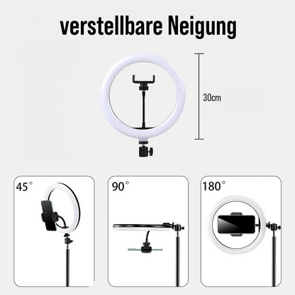 LED Ringlicht mit Stativ und verstellbarer Neigung für Smartphone Videos