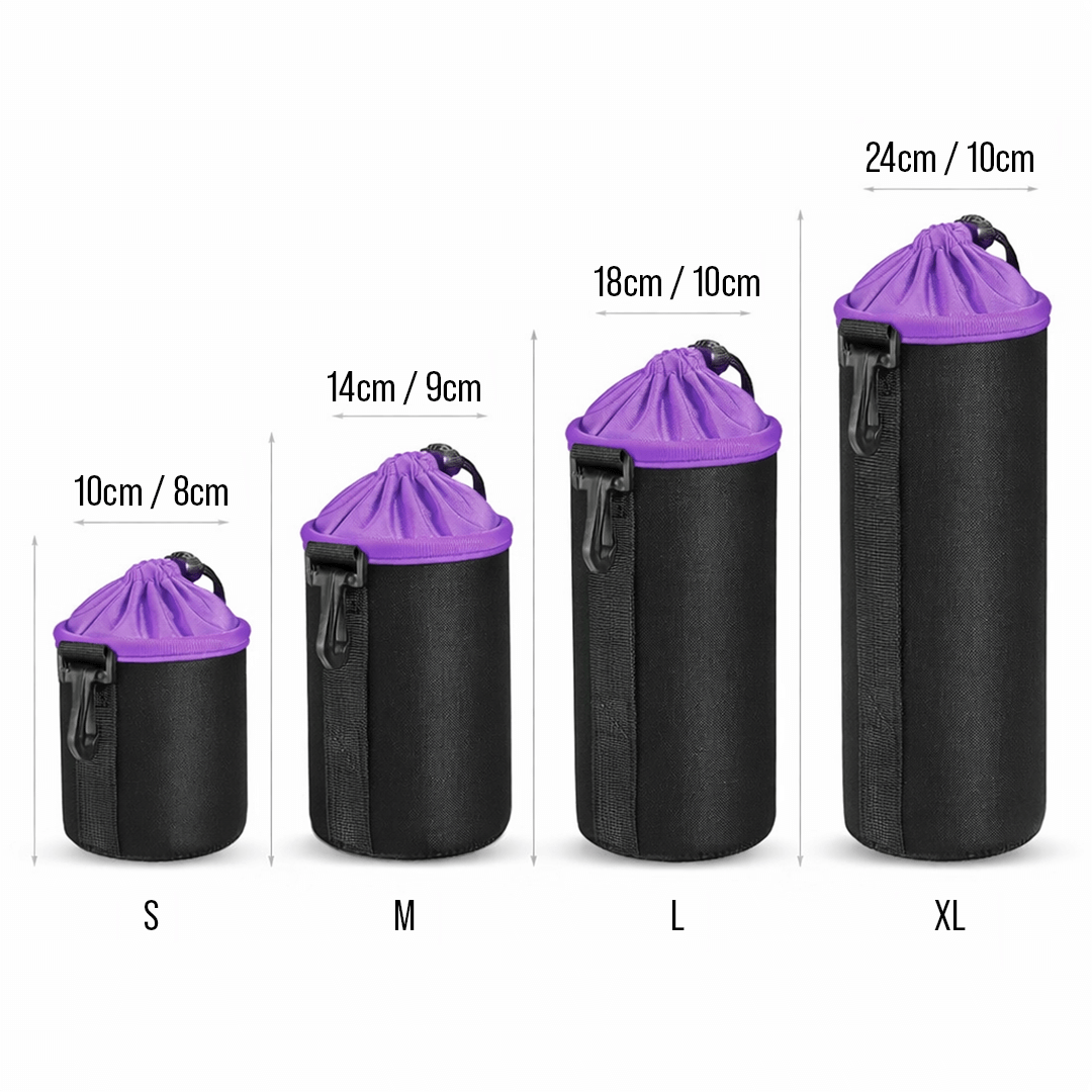 Objektivtasche klein in vier Groessen mit Massangaben dargestellt