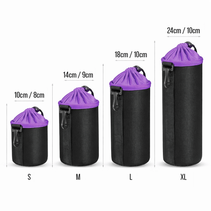 Objektivtasche klein in vier Groessen mit Massangaben dargestellt