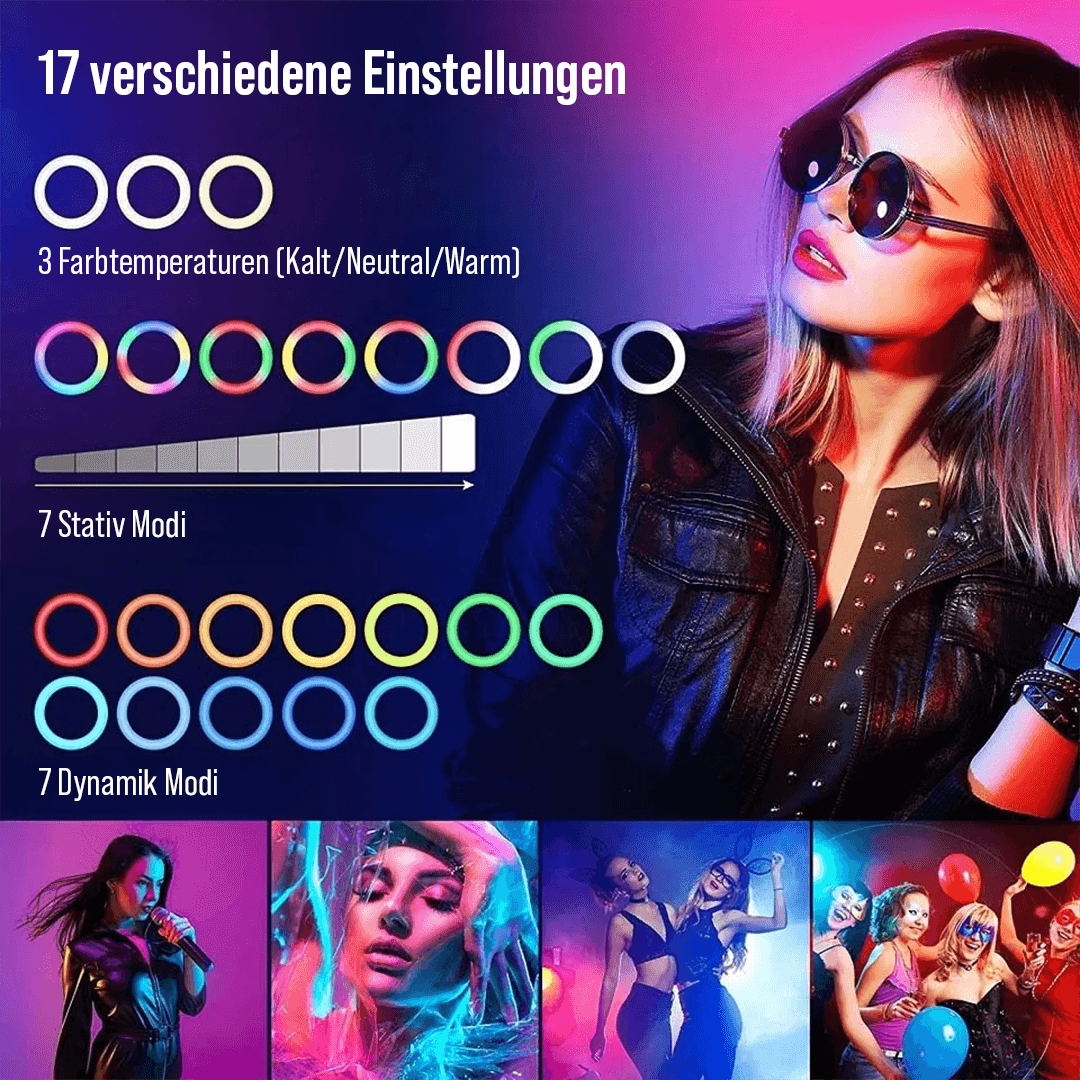RGB LED-Ringlicht mit verschiedenen Farbmodi und Lichtmodi für Videos und Fotos