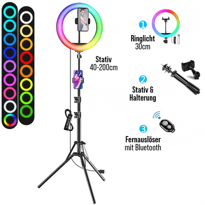 RGB LED-Ringlicht mit Stativ, Handyhalter und Bluetooth Fernauslöser für Videos