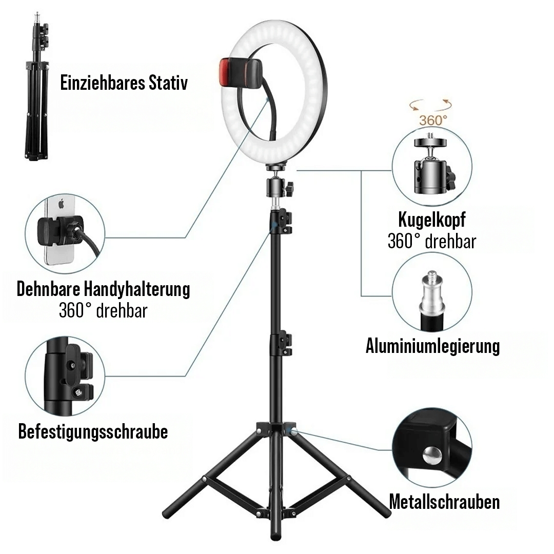 LED Ringlicht mit Stativ und 360 Grad Handyhalter für Smartphone Videos