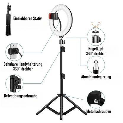 LED Ringlicht mit Stativ und 360 Grad Handyhalter für Smartphone Videos